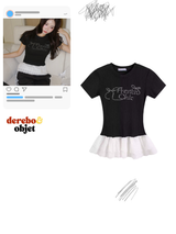 Black Lettering Beads Lace Frill Short-Sleeved T-Shirt