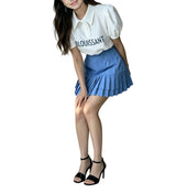 カラー レタリング プリント パフスリーブ スリムフィット Tシャツ