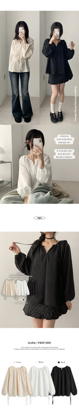 Innocent Mood Shirring Ribbon Loose Fit Wrap Blouse