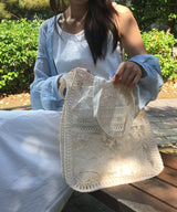 Rosé Flower Transparent Knit Linen Rattan Shoulder Bag Travel Bag 1 Color