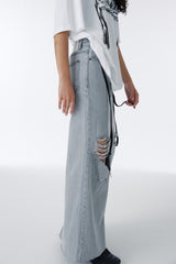 DAMAGED LONG DENIM SKIRT (GRAY)