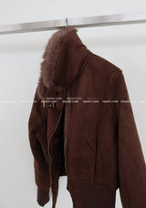 Fur collar high neck slim fit short suede coat