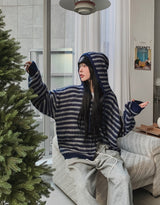 Onz Striped Mohair Knit Hood Zip-Up