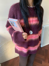 Hazy Hairy Stripe Loose Rose-Fit Knit