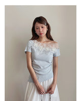 Asymmetrical Lace Trim Off-Shoulder Tee