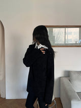 [UNISEX] Overfit velor off shoulder double snap button long sleeve knit T (4 colors)