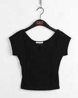ビエホールスリットリボンカットコットンクロップドショートスリーブドtシャツ