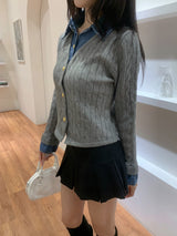 Perry Denim-Layer Cable Knit Long Sleeve Cardigan