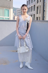 V-Neck Scarf-Set Dress (Blue Gray)