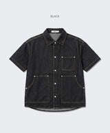 Oversized Pocket Short-Sleeve Denim Shirt Black