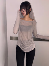 ミドル ドレープ ルーズ フーデッド ロングスリーブ Tシャツ 3カラー