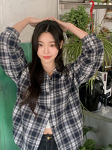 #Deep Blue Vintage Check Loose Shirt