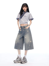 Vintage Star Print Washed Wide Cropped Denim Pants
