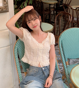 #Flower Embroidery Crop Short Sleeve Blouse (2color)