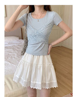 French-Inspired Lace Panel Lace-Up T-Shirt
