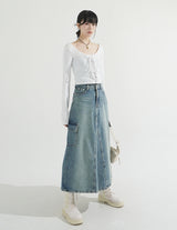 Back Slit Cargo Denim Long Skirt