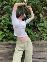 フラワーツーピースオフショルダーボタンショートスリーブTシャツ