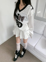 Bow Silky Overfit Leopard Patch Rugby Long Sleeve T-Shirt (2 Colors)