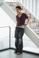 High ribbed henley neck half sleeves(Burgundy)
