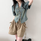 Yuko subtle washing eyelet denim collar short sleeve blouse