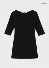 [B-BASIC] Tension Standard Henley Neck 3/4 Sleeve Mini Dress (2 SIZE)