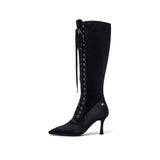 Satin Lace-Up Under The Knee Boots Heel(Black)