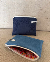Denim & flower flat pouch - blue , S size