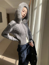 Warm Fur Hooded Zip-Up Knit Cardigan