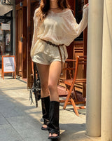 [Cup sleeveless + Belt set] サマーボヘミアンネットニットセット