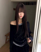 アシンメトリーカラーブロックシアーワンオフショルダー長袖Tシャツ