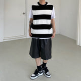 Stripe round neck knit vest 2C