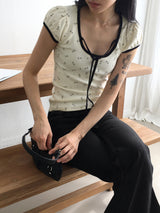 Kandil flower color combination ribbon string puff short sleeve t-shirt