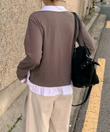 Round collar striped frill T-shirt