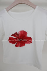 Flower-printed cropped short-sleeved T-shirt