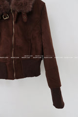 Fur collar high neck slim fit short suede coat