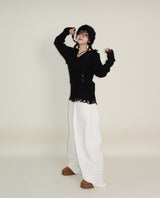 ラバーVネックダメージカットポイント長袖ニット (wool material)