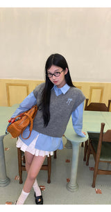 Bow V-neck Loose Fit Gray Vest