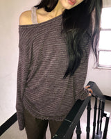 へリンストライプフリルロングスリーブTシャツ