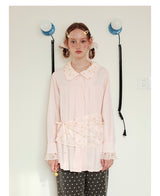 UnsocialNight2025 Autumn New Polka Dot Pleated Stitching Pink Doll Collar Loose Long-sleeved Shirt