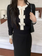 Quiet Bow Ribbon Trim Contrast Knit Long Sleeve Top