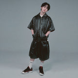 グロッシー フェイクレザー ワイド ショーツ ブラック