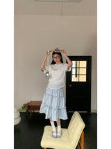Lace shirring round loose fit short sleeve tee