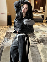 Low Washing Crop Fur Hood Zip-Up