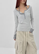 [MADE] Hiko Layered Stripe Halter Henley Neck Long Sleeve T-shirt