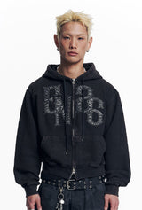 Washed Leather Patch Hooded Zip-Up - Black