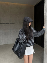 テンダーフロー ストライプ カラーブロック シングルブレスト長袖 Tシャツ (2 colors)