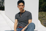 Stripe slim henley neck half t-shirts(Black)
