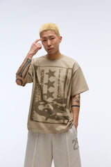 Sound wave artwork damage washing T-shirt (Beige)_1