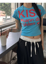 セミクロップレタリングハーフTシャツ(2color)