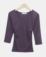 Nilon V-Neck Side-Shirring 7-Sleeve T-Shirt